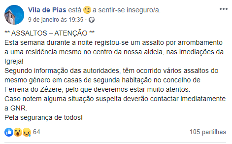 Assaltos em Ferreira do Zêzere preocupam população PIAS